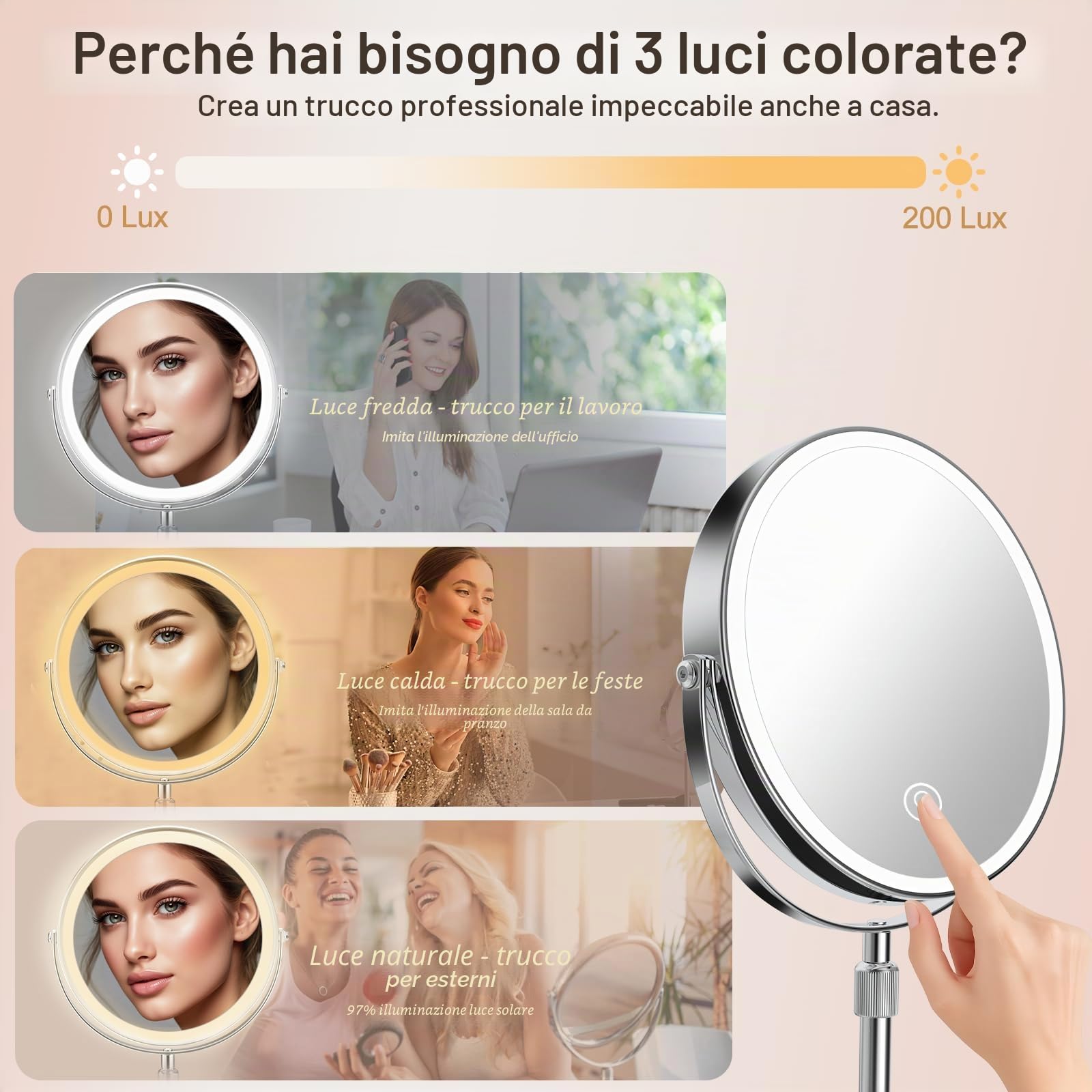 SURFOU Specchio Trucco con Luci 8“ Ricaricabile, Doppia Faccia con Ingranditore 10X/1X, 3 Modalità Luce LED, Altezza Regolabile e Rotazione 360°, per Camera da Letto e Viaggio