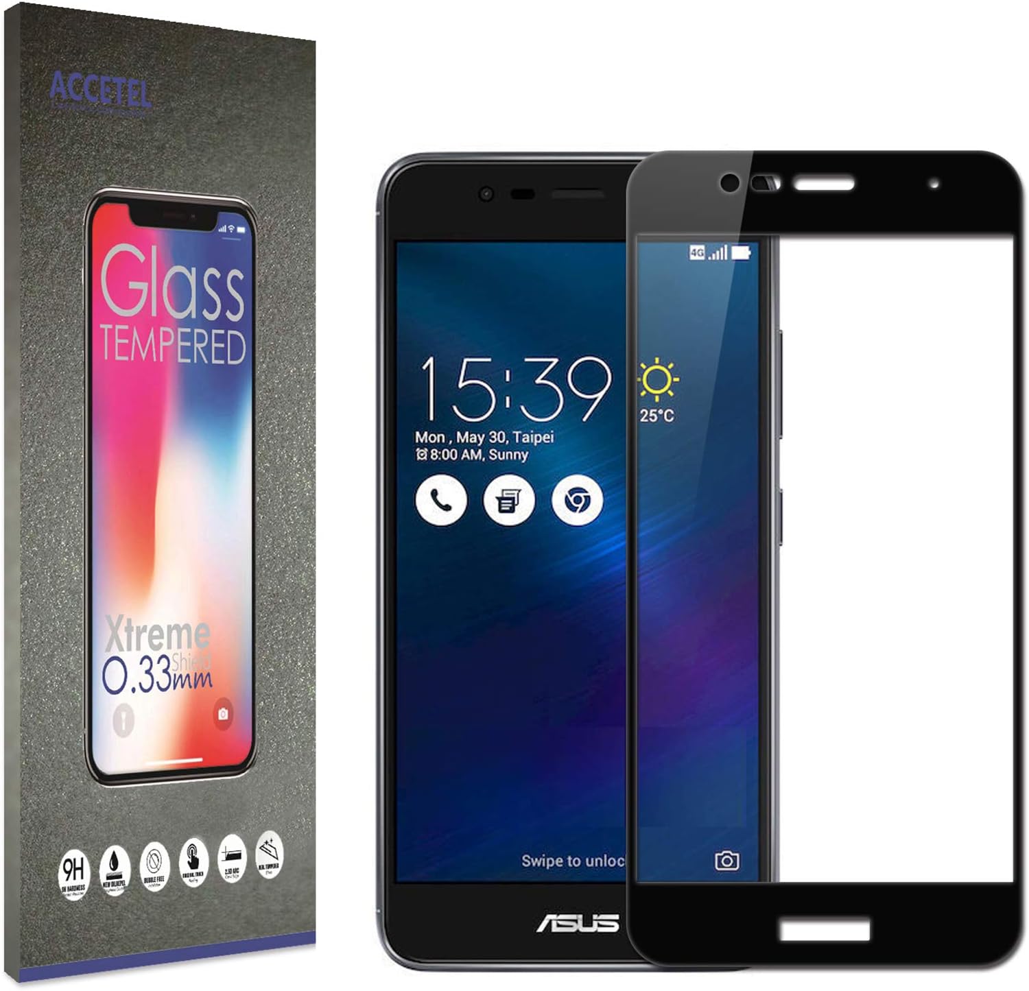 Accetel Screen protector FULL COVERAGE for Asus Zenfone 3 Max ZC520TL shatterproof screen protector tempered glass film compatible with Asus Zenfone 3 Max ZC520TL 5.2'' inches Black