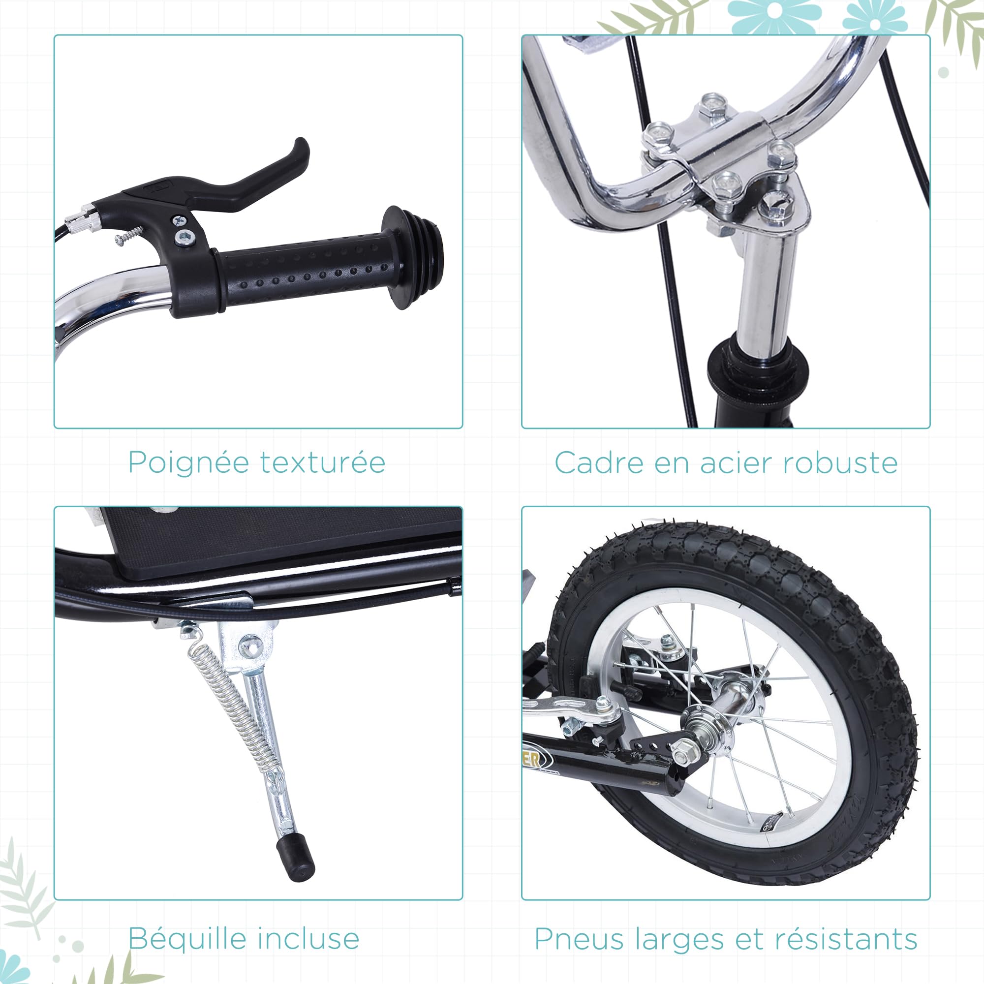 HOMCOM Patinete patineto infantil a partir de 5 años grandes neumáticos manillar ajustable asas frenos y soporte de acero negro | Manillar ajustable, manijas, frenos y muleta, acero