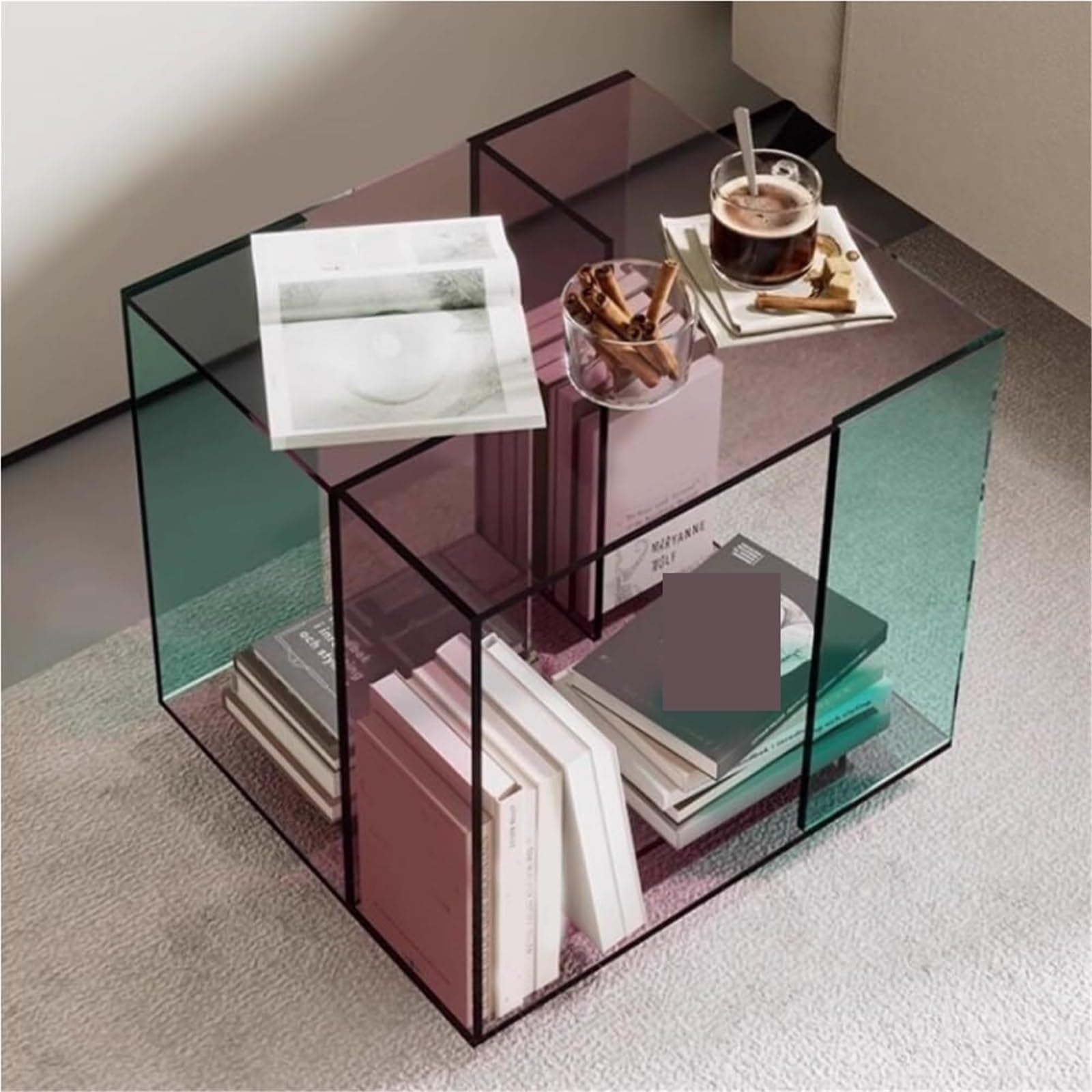 SXZenSpace Side Table with Open Storage Rack Clear Bedside Acrylic Display End Tables Square Nightstand for Living Room,Ideal Room