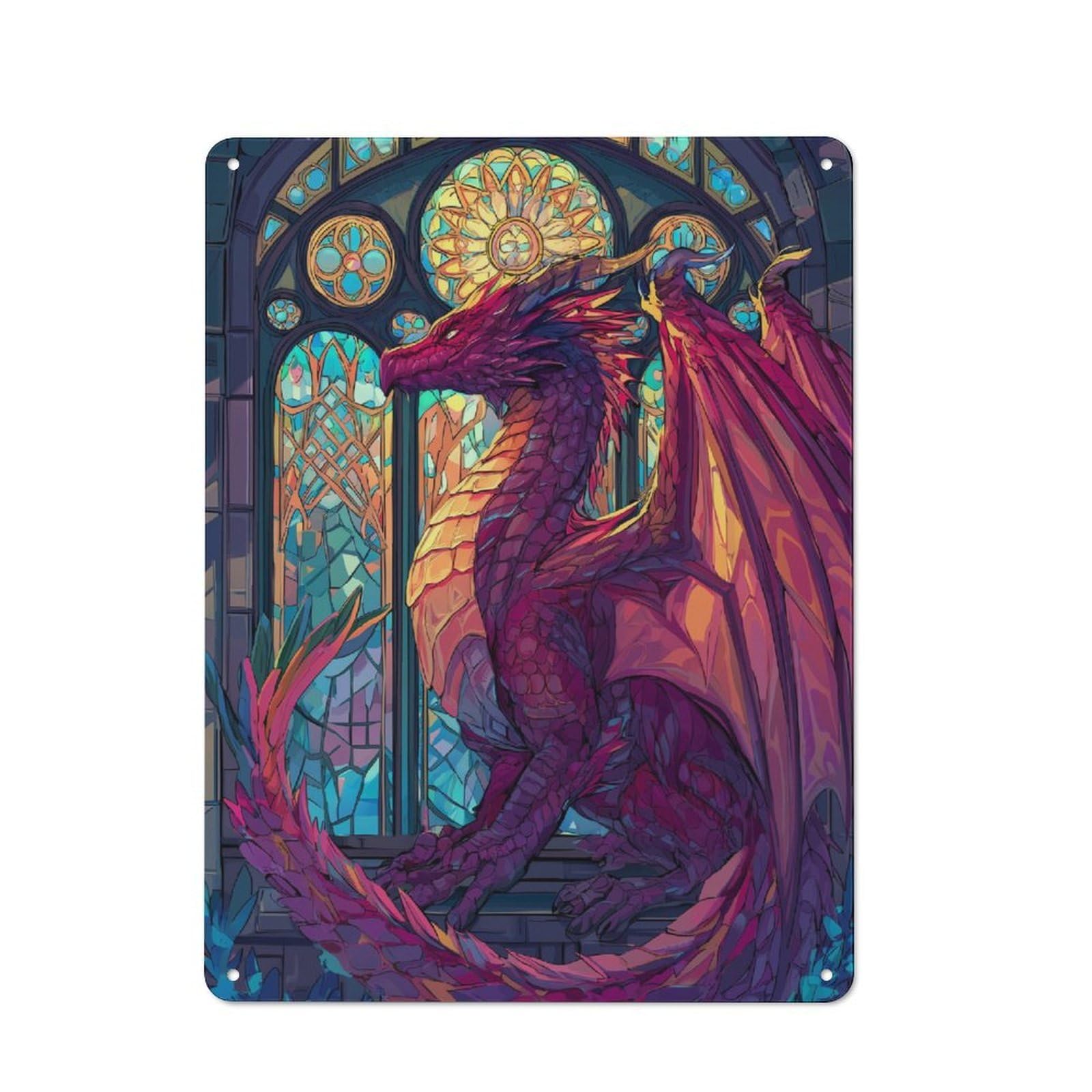 Junmoney Dragon In Stained Glass Printed Metal Sign 40X30cm For Bar Or Restaurant, For Kitchen, Dining Room And Home Bar Wall Decor