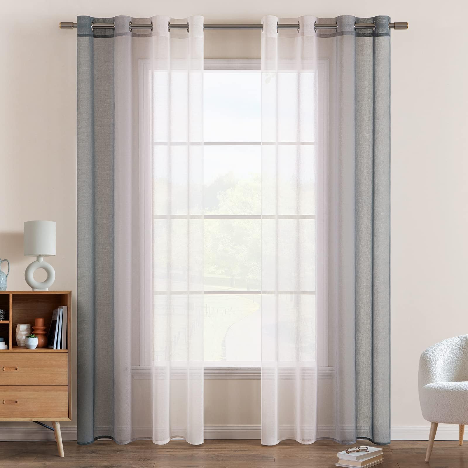 EMEMA Cortina Gradiente Horizontal Translúcida Visillo Moderno Degradado Gasa para Ventanas Habitación Dormitorio Cocina Sala de Estar 2 Piezas 140x160cm Gris