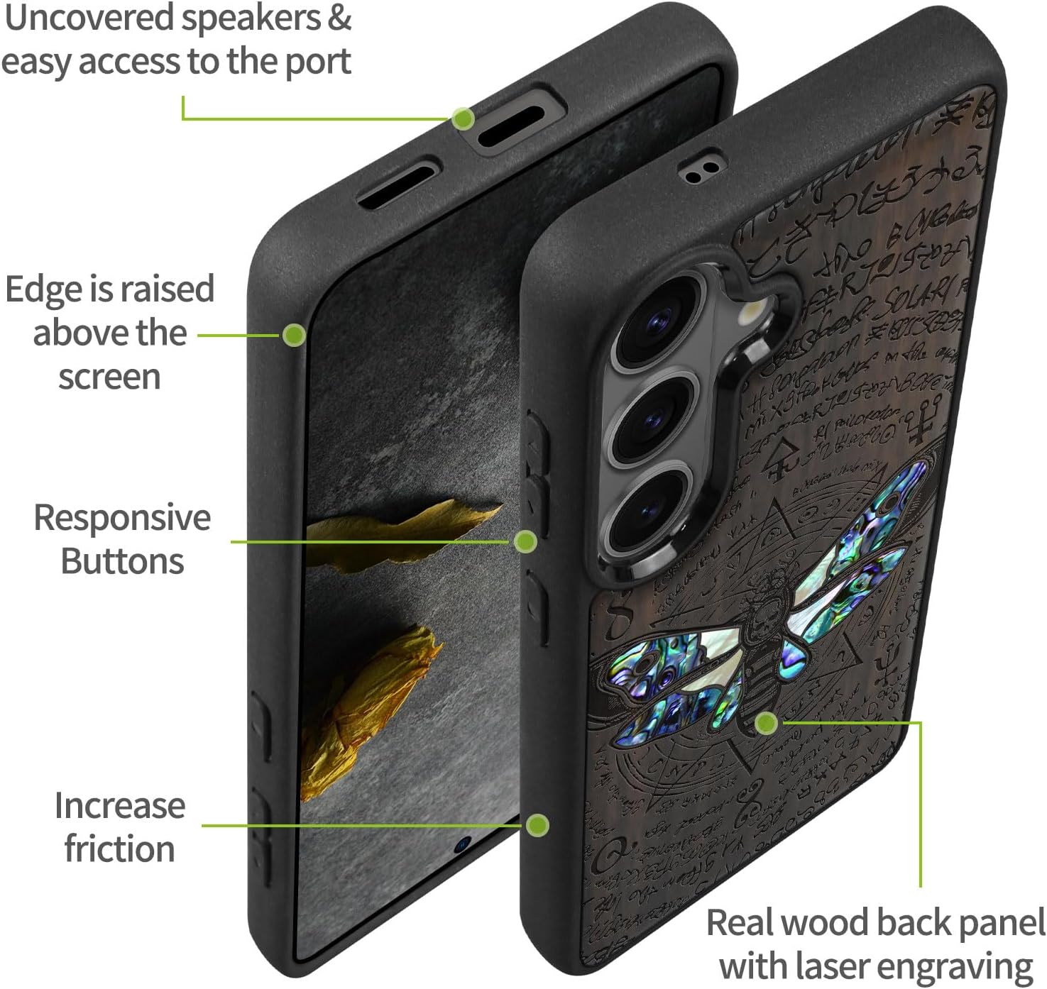 Carveit Magnetic Wooden Case for Samsung Galaxy S26 Case, Wood Artisan Engraved & Handmade Shell Inlaid, Compatible with MagSafe Wireless Chargers (Death's Head Moth) Blackwood