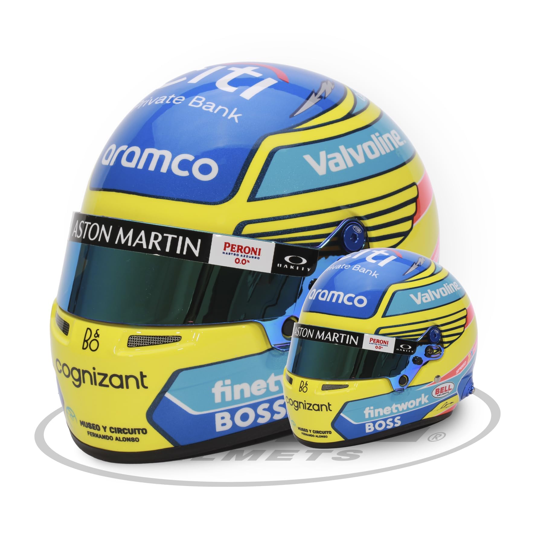 Aston Martin F1 Team - Casco en miniatura a escala 1/2 de Fernando Alonso 2024 - Casco oficial Bell - Azul/Amarillo
