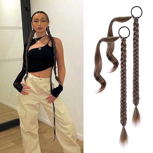 Miniatura 38 de YOGFIT 2 extensiones de cola de caballo trenzadas, extensiones de cabello largo y lacio envolvente, extensiones de cabello sintético suave natural