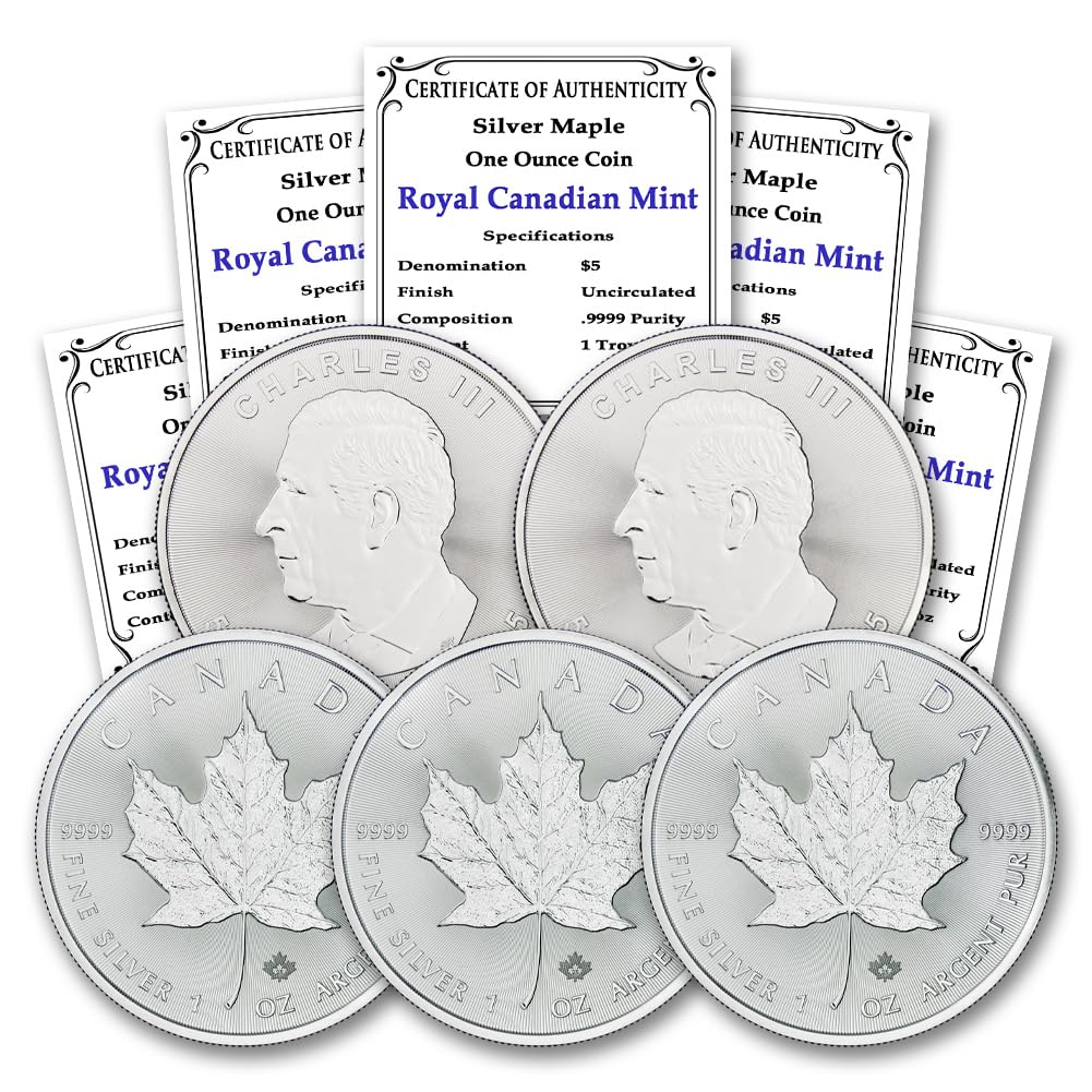 2025 - Lot of (5) 1 oz Canadian Maple Leaf Silver Coins Brilliant Uncirculated with Certificates of Authenticity $5 Seller BU