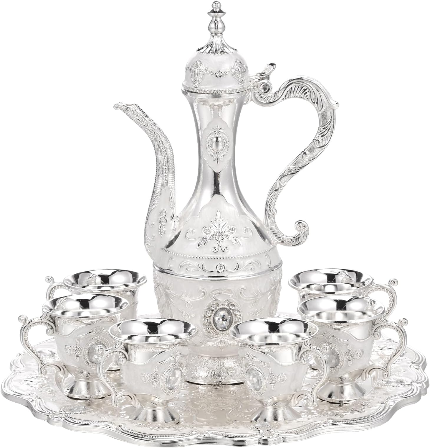 Turkish Coffee Pot Set, Coffee Pot with Cup Set, Includes 1 Wine Pot, 6 Wine Cups, 1 Tray, Wine Pot, Coffee Cups, Craft Decoration, Wedding Gift (Silver)
