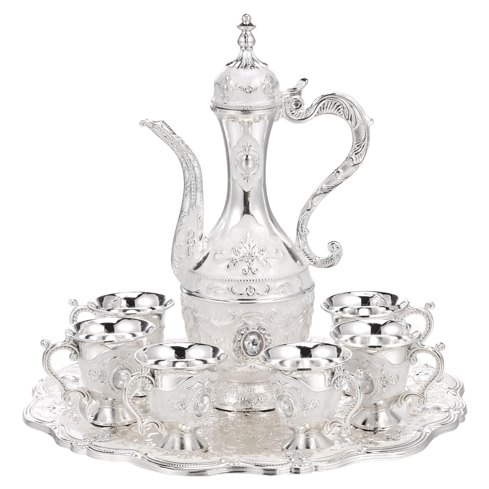 Turkish Coffee Pot Set, Coffee Pot with Cup Set, Includes 1 Wine Pot, 6 Wine Cups, 1 Tray, Wine Pot, Coffee Cups, Craft Decoration, Wedding Gift (Silver)