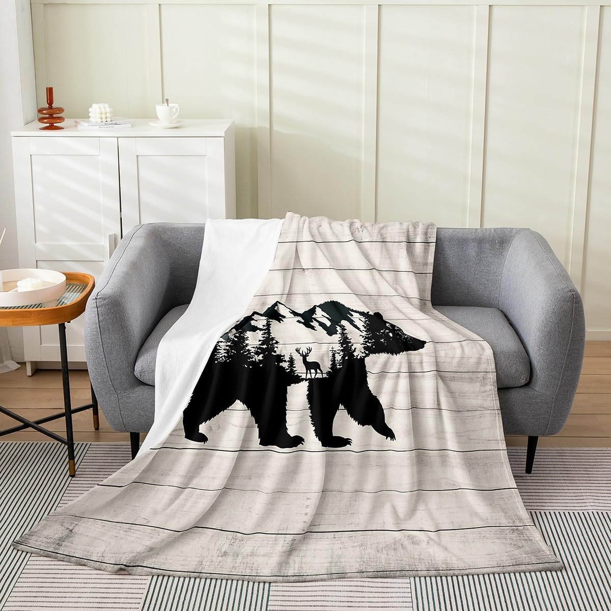 Feelyou Wolf All Season,Bed Blanket Plush Throw Blanket, Wolf Howling Wildlife Jungle Flannel Fleece Blanket for Sofa Couch Bedroom Decor Wooden Stripes Twin 60"x80"