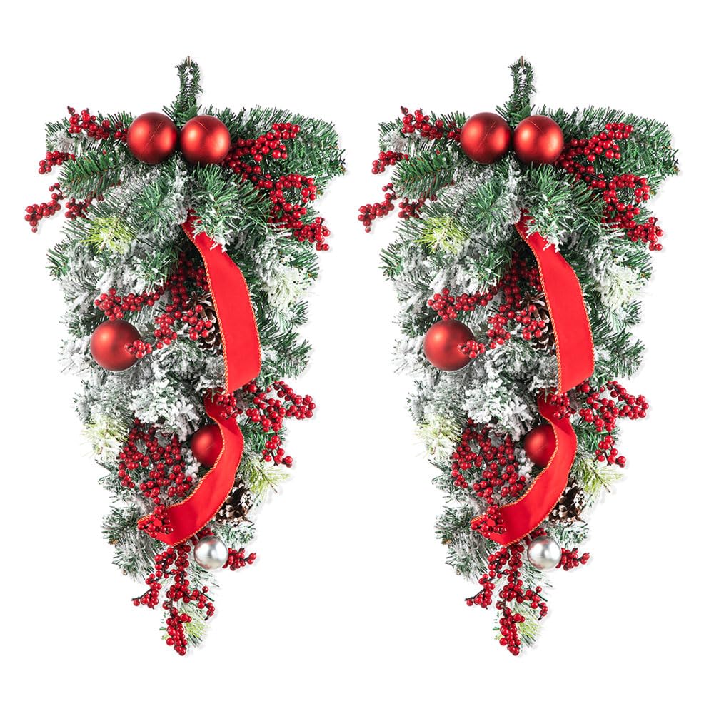 glitzhome 2Pcs Christmas Teardrop Swag, Artificial Swag Wreaths with Berries, Pinecone and Red Ball Ornament, 25
