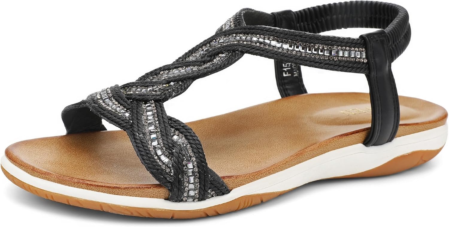 UBFEN Flat Sandals For Women Dressy Walking Comfortable Sandal With Rhinestone Braid Elastic Strap Summer Vacation