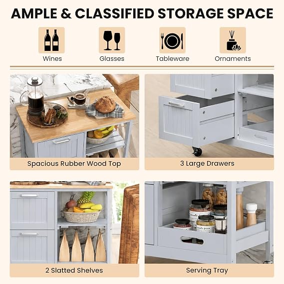 Kitchen Island with Storage, Kitchen Trolley on Wheels (Grey)