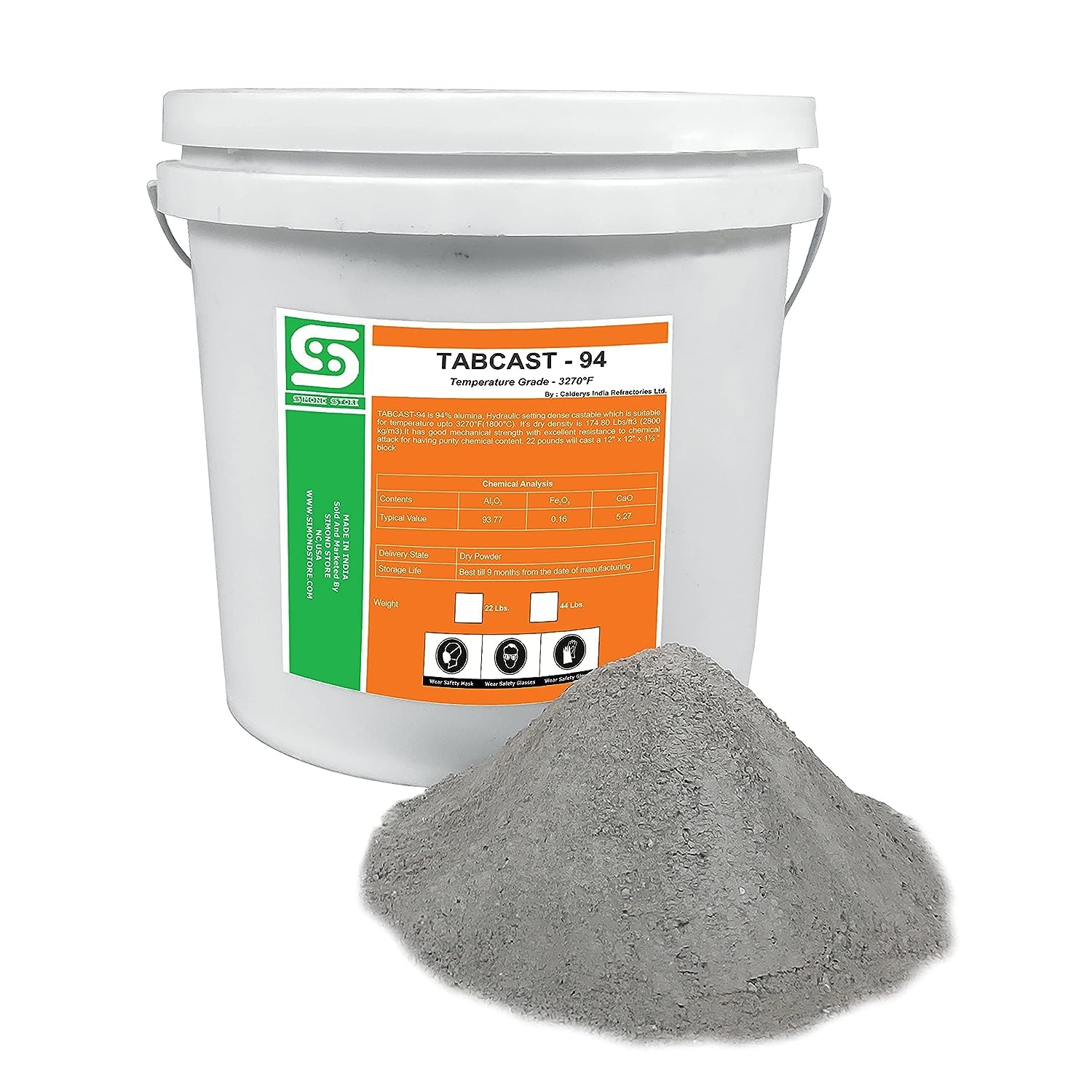 Castable Refractory Cement - 94% Alumina Dense - 44 Lbs 3270°F Rated High Temp Fireproof Castable Refractory Mortar for Foundry Furnace Forge Kiln Pizza Oven Stove Fireplace