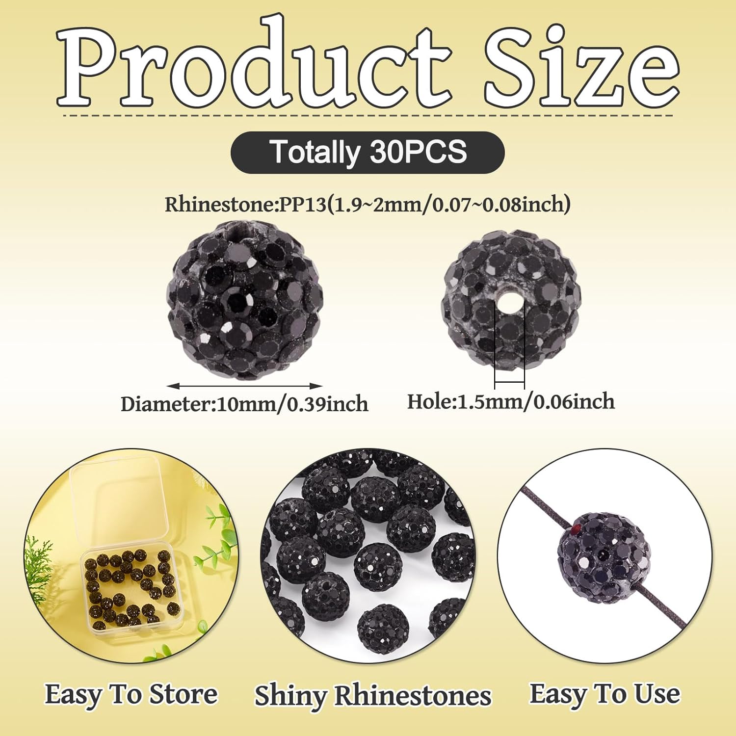 Craftdady 30pcs Black Crystal Rhinestone Beads 10mm Pave Disco Ball Beads Round Polymer Clay Rhinestone Bracelet Bead Loose Spacer for DIY Craft Earring Necklace Jewelry Making - Image 4