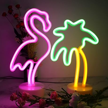 Neon Flamingo and Palm Tree USB/Battery Powered LED Wall Decor Lights