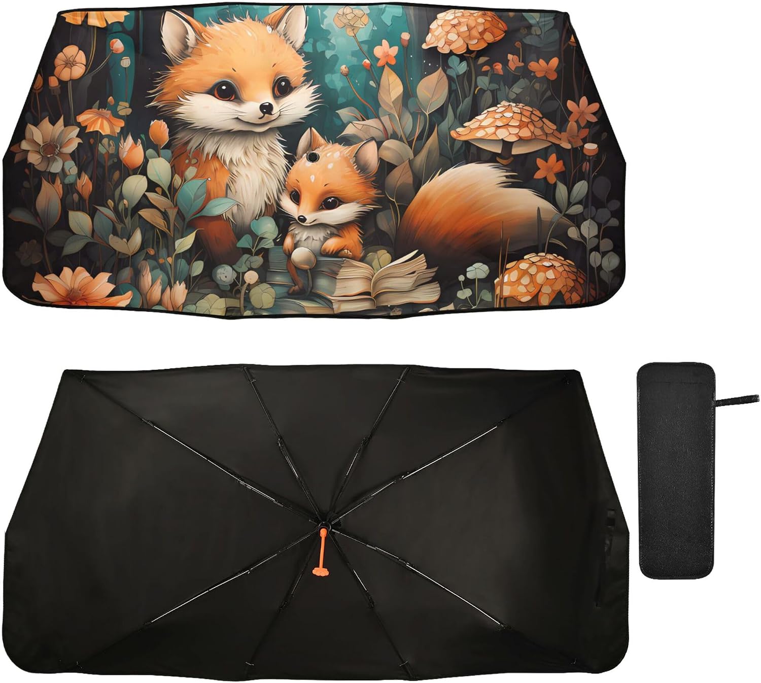 Car Umbrella Sun Shade Cover, Forest Fox Umbrella Sun Shade for Car Truck Window Front Windshield, Blocks UV Rays Sun Visor Protector Sun Heat Reflector to Keep Your Vehicle Cool