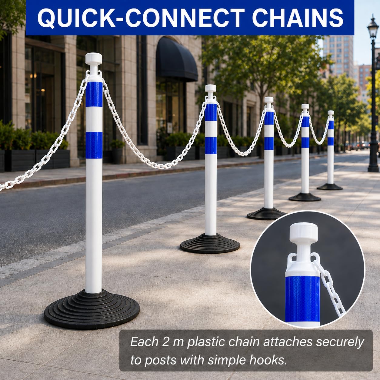 Set de 6 postes de seguridad de 99,6 cm con cadenas de plástico de 2 m, portátiles, para delimitación de áreas, obras, parkings y eventos (Blanco y azul)