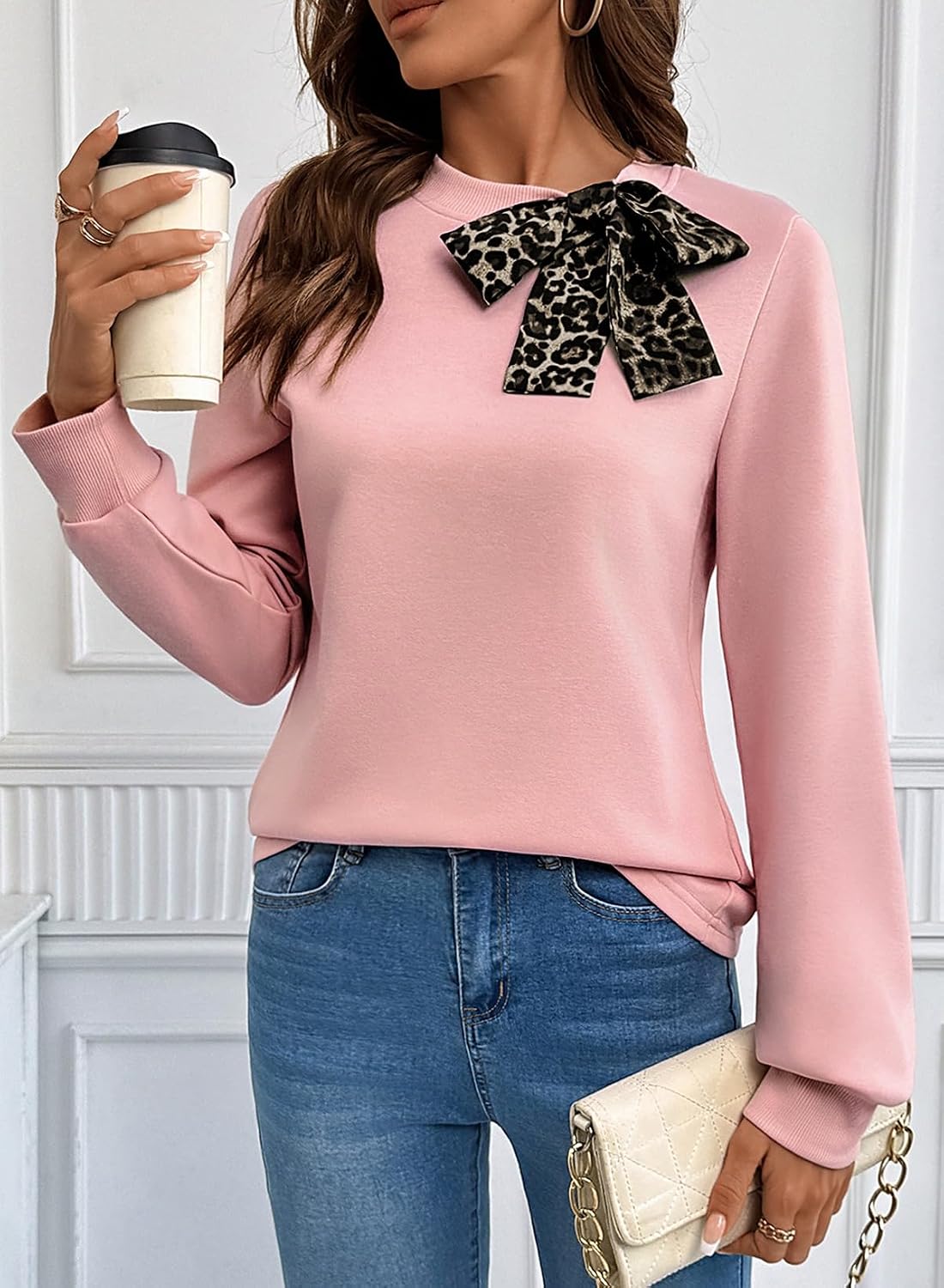 SHEWIN Womens Long Sleeve Shirts Leopard Bow Dressy Casual Blouses Spring Fall Tops 2026 Trendy Clothes