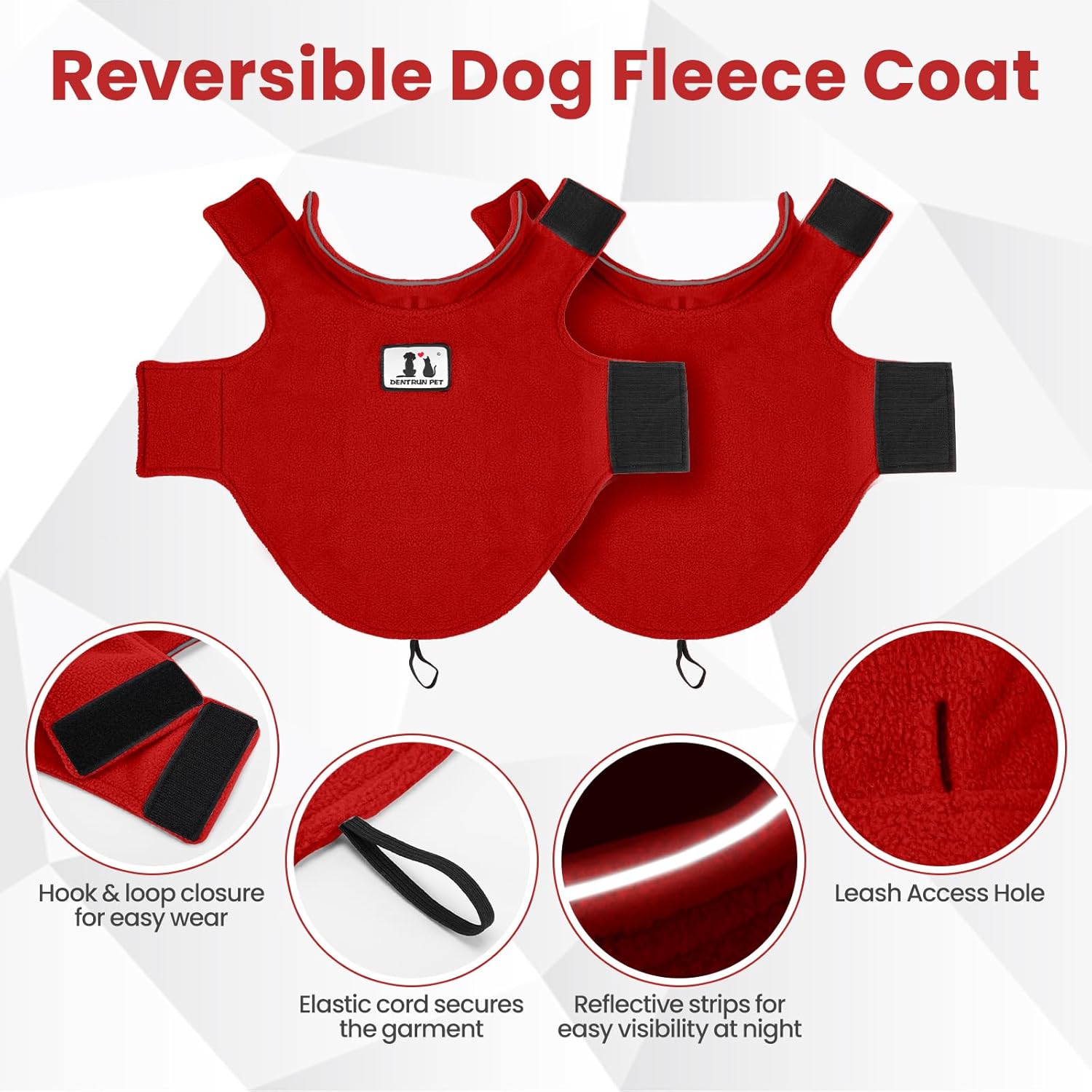 DENTRUN Reversible Dog Coat - Windproof Polar Fleece Vest with Reflective Neck Strips, Hook & Loop Closures, Sleeveless Cold Weather Jacket for Small Dogs (XS, Tiny Dogs Gear)