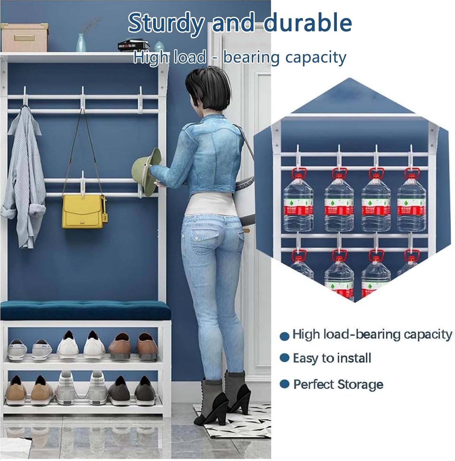 Hall Tree Bench with Shoe Storage and Metal Frame Freestanding Wooden Coat Rack for Home Office Bedroom Living Room