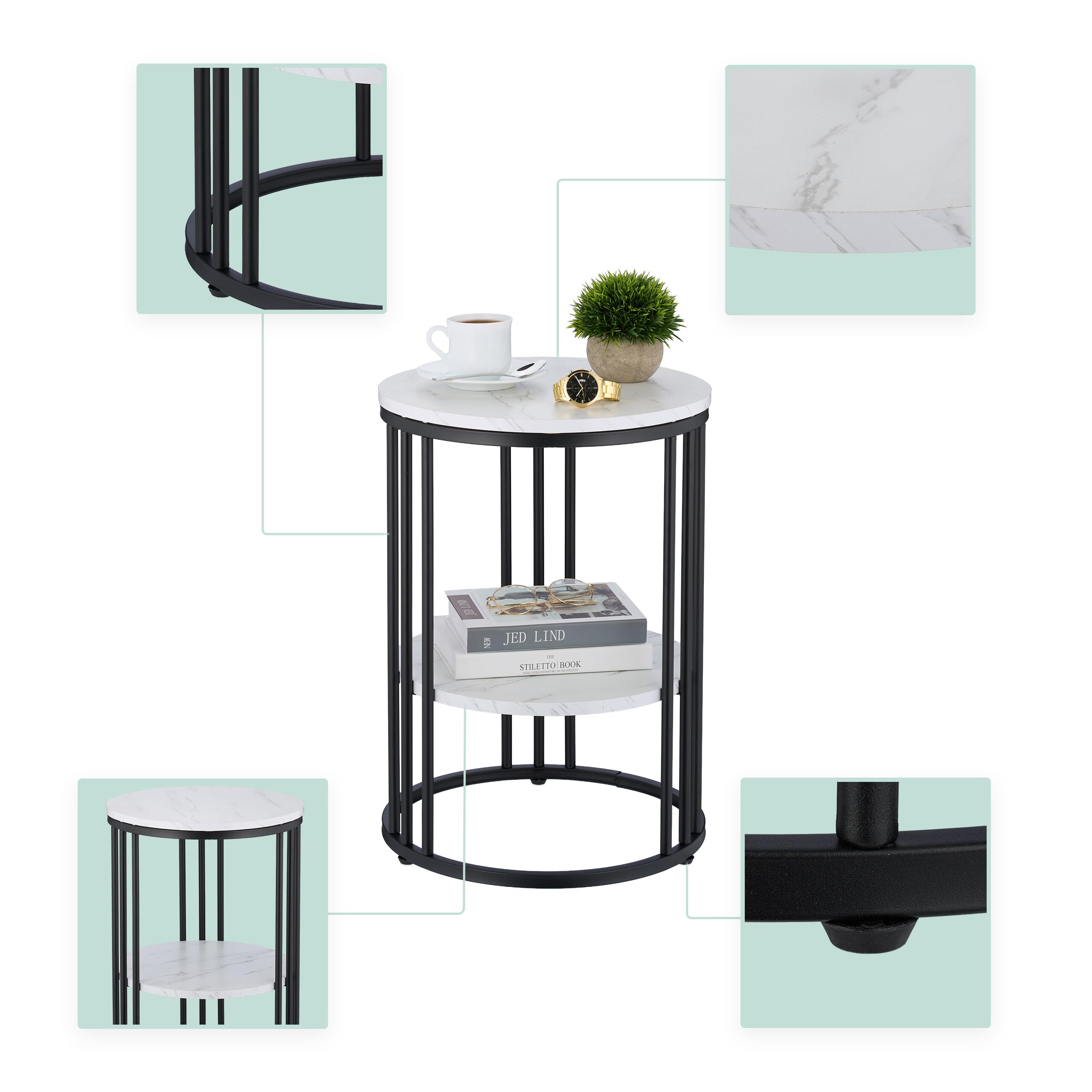 Relaxdays Mesa Auxiliar, 2 Baldas, Efecto Mármol, para Salón, Metal & MDF, Mesita Redonda Sofá, 56x40 cm, Blanco/Negro