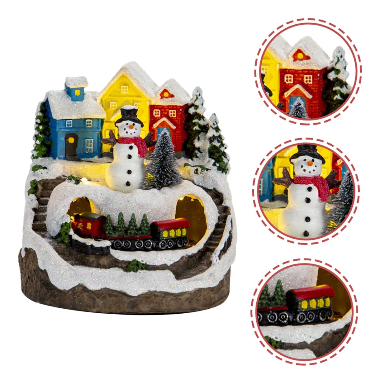 Casa Iluminada Navideña de Resina con Sonido y Tren, Adorno Rústico para Mantel y Cocina, Adorno Tradicional para Mesa de Navidad