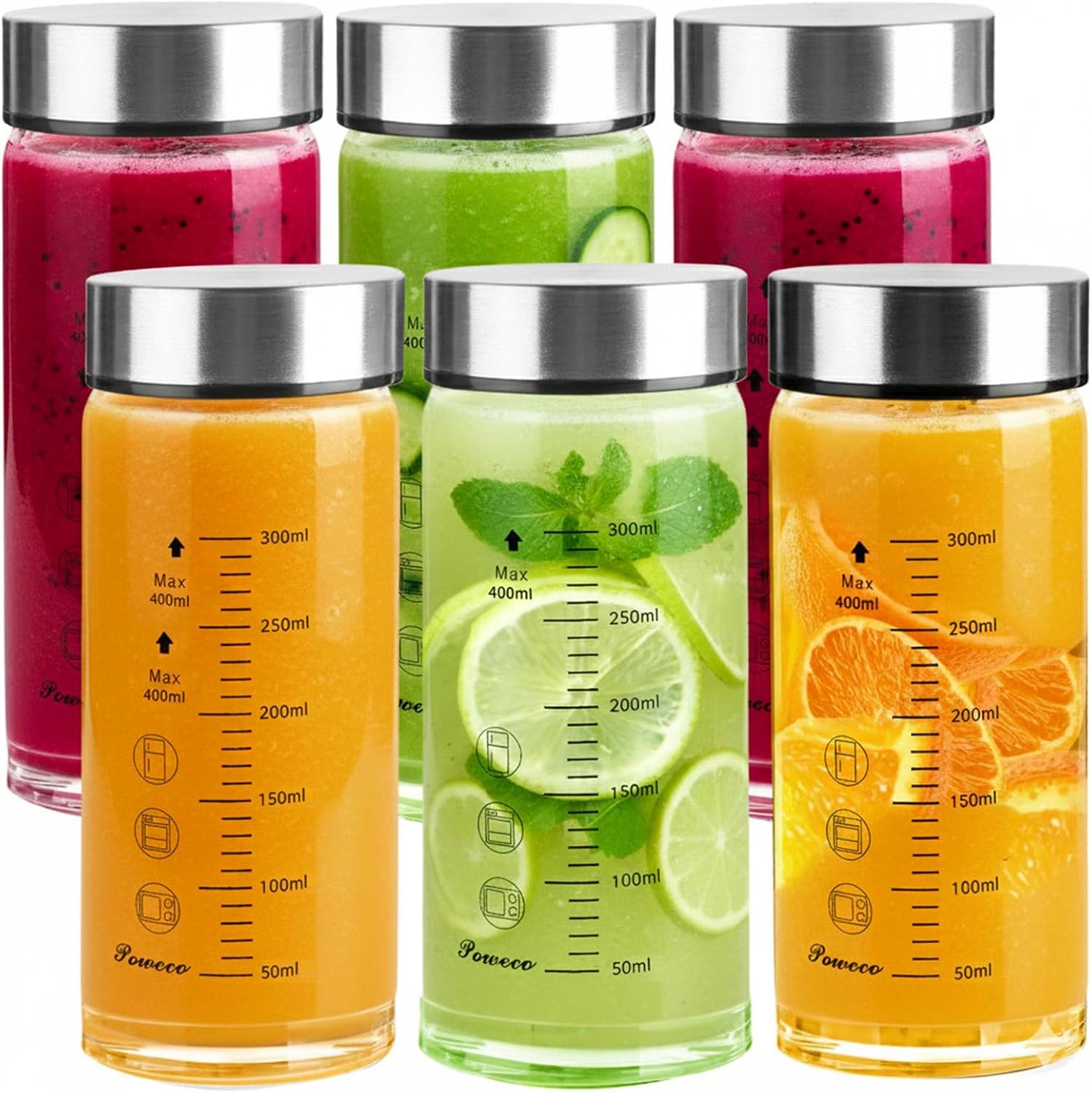 Glass Juice Bottles 4 Pack 12 oz - Wide Mouth Glass Water Bottles with Lids - for Juicing, Protein, Smoothie, Milk, Reusable, BPA Free, Stainless Steel Lids, Blender, Shaker Bottle (12oz/400ml)