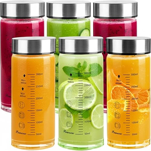 Miniatura 19 de Botellas de vidrio para jugo, paquete de 4 botellas de agua de vidrio de boca ancha con tapas, para jugos, proteínas, licuados, leche, 4-Paquete