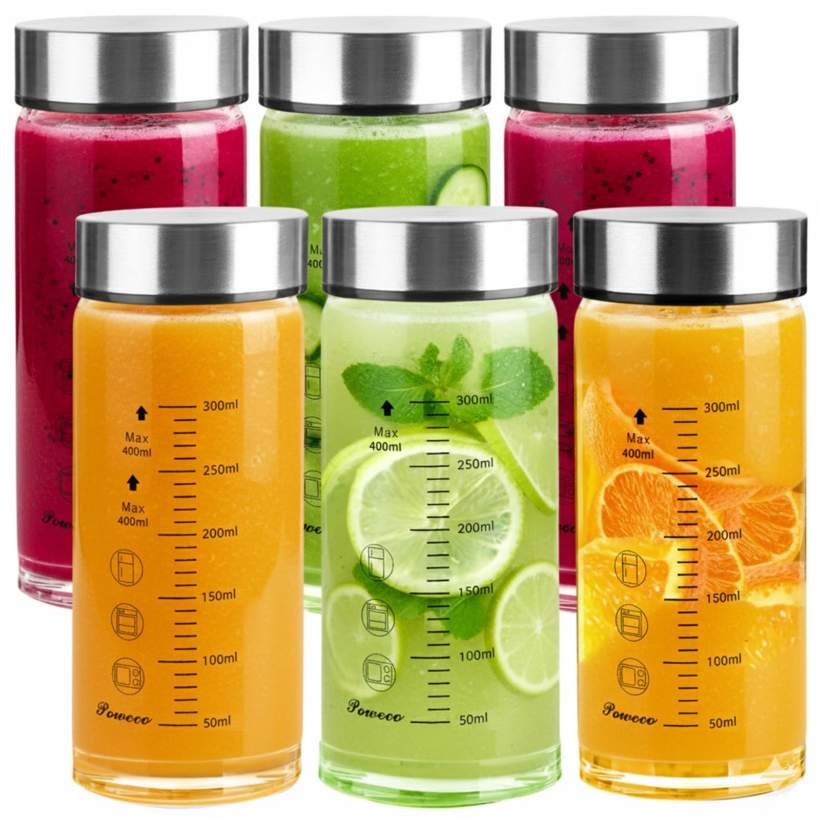 Lot de 6 bouteilles d'eau en verre de 355 ml à large goulot avec couvercles, pour jus, protéines, smoothie, lait, réutilisables, sans BPA, couvercles en acier inoxydable, mélangeur, shaker (400 ml)