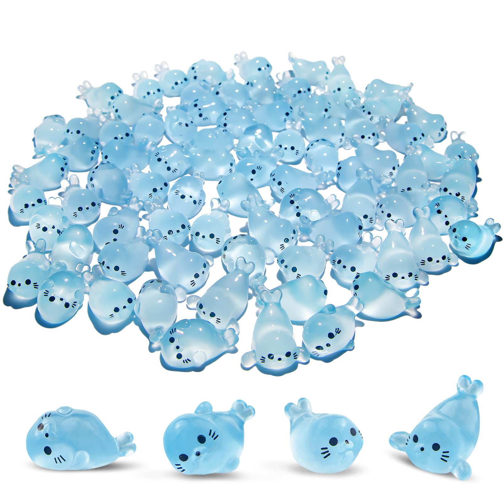 Norxuaze Blue 80Pcs Glow In Dark Mini Resin Seal Figurines - 4 Styles Luminous Sea Animals For Terrarium Decor, Fairy Garden, Aquarium, Small Resin Animals With Storage Box