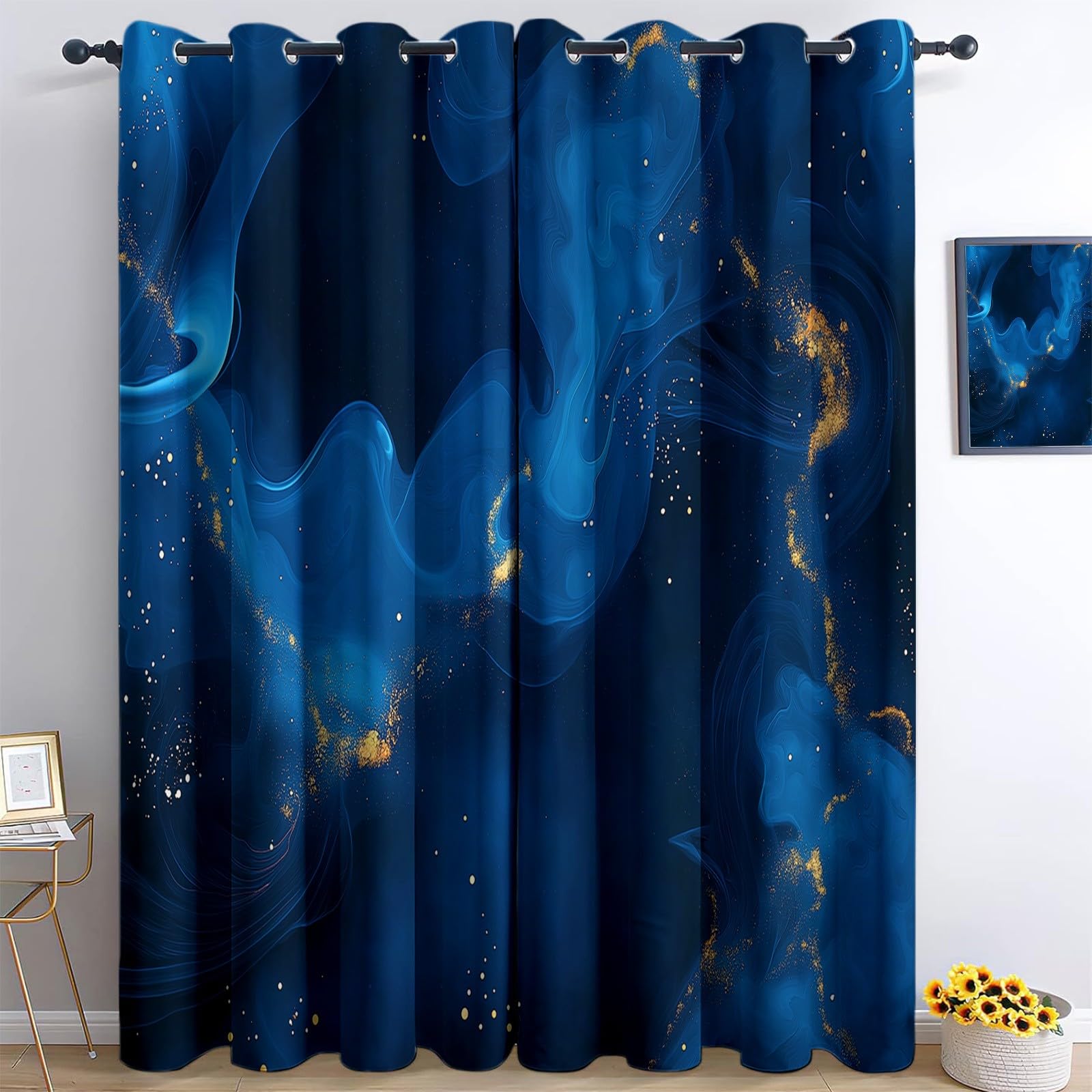 Rideaux occultants enfant bleus à lignes de fumée abstraites, lot de 2 thermiques 117x138 cm
