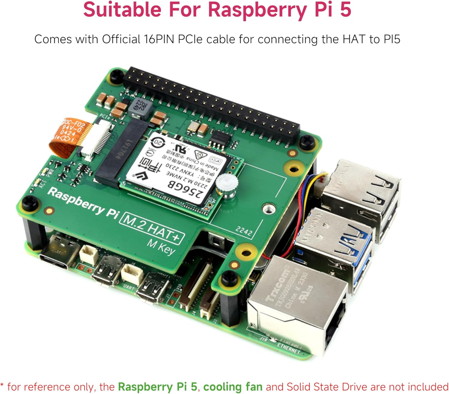 Official Pi PCIe to M.2 HAT for Raspberry Pi 5, HAT + Standard, Supports NVMe Protocol M.2 Solid State Drive 2230/2242 High-Speed Reading/Writing