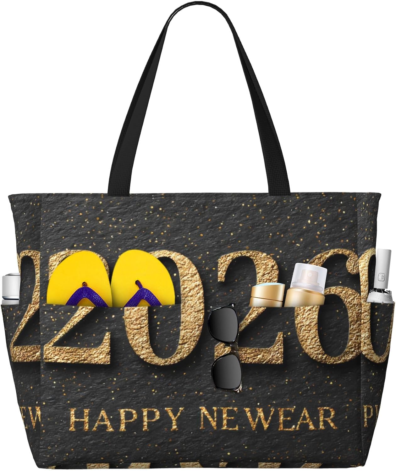 2026 HAPPY NEW YEAR 11 Print Tote Bag Large Beach Bag Waterproof Beach Tote Pool Bags for Women Foldablefor Pool Bags for Gym Grocery Travel