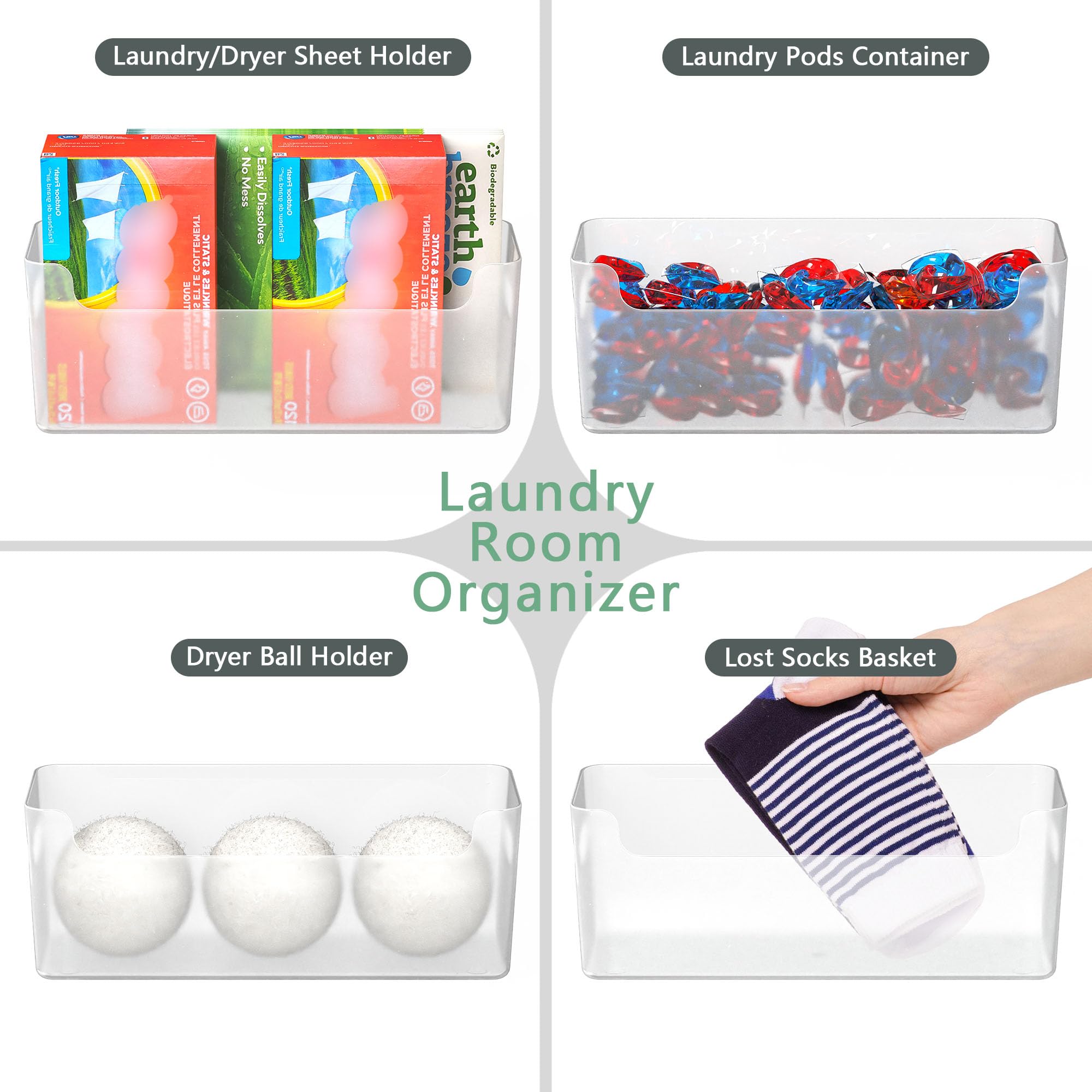 TOWARDFUN Laundry Room Organization 2 Pcs, Adhesive Laundry Pods Container, Laundry/Dryer Sheet Holder, Dryer Ball Holder, Lost Socks Basket for Laundry Room Cabinet, Washer/Dryer (Transparent)
