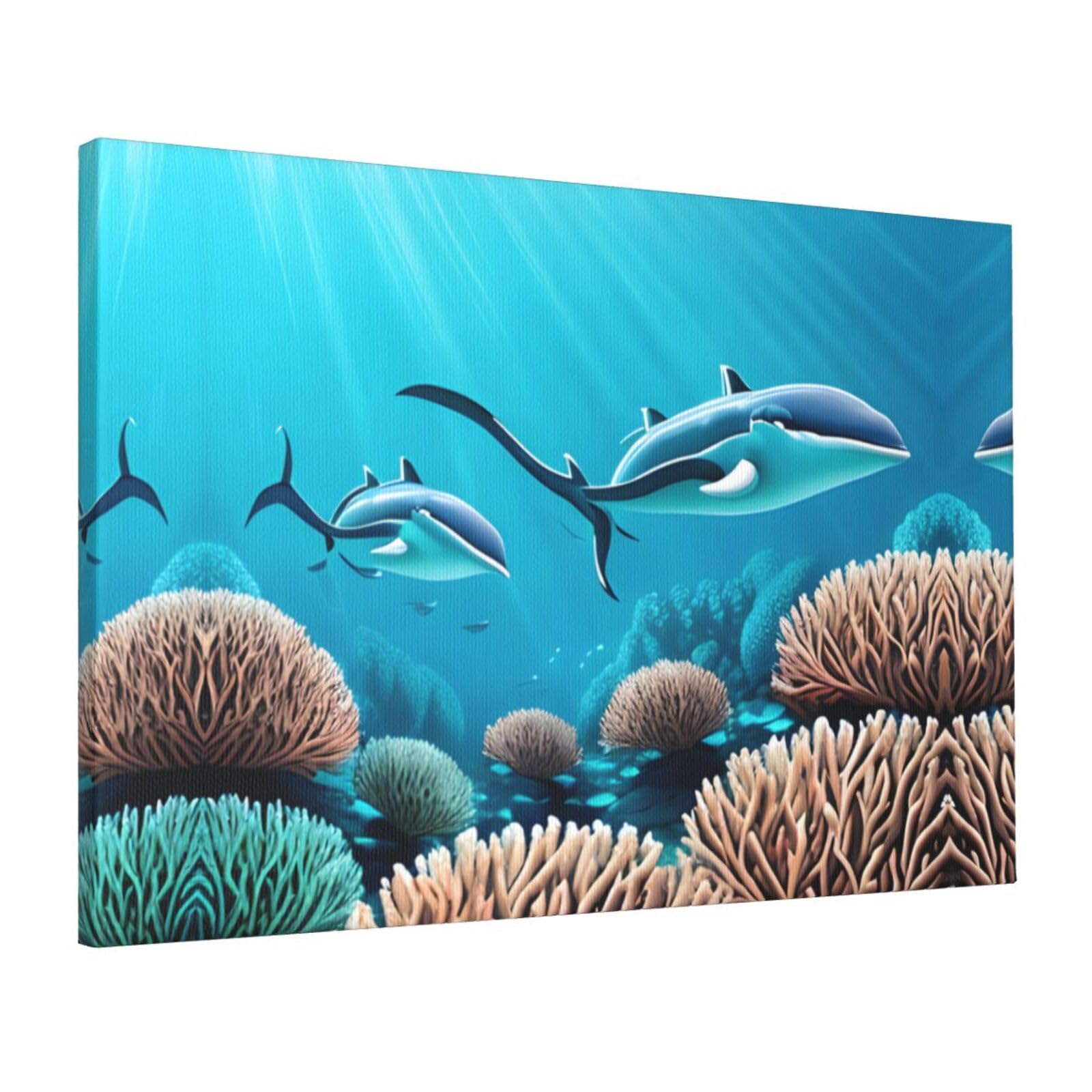 CNTDBU Deep Sea Whales Canvas Wall Art 16x24 Inch-Large Modern Painting Print for Living Room, Framed Ready to Hang Artwork for Bedroom