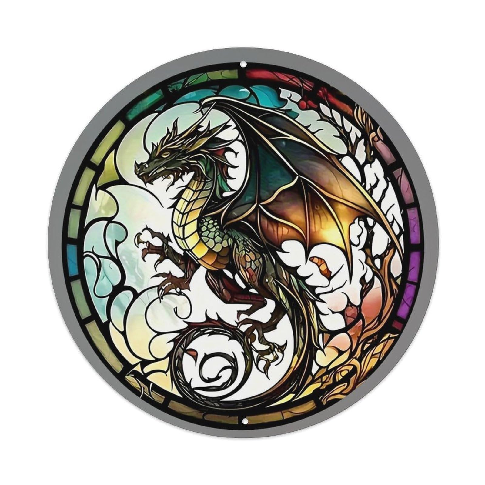 Stained Glass Dragon Circular Design Retro Metal Tin Sign, Vintage Metal Poster for home, Gaming Room, Studio Workshop,Bar,Garage Wall Art Decor 8x8 inch