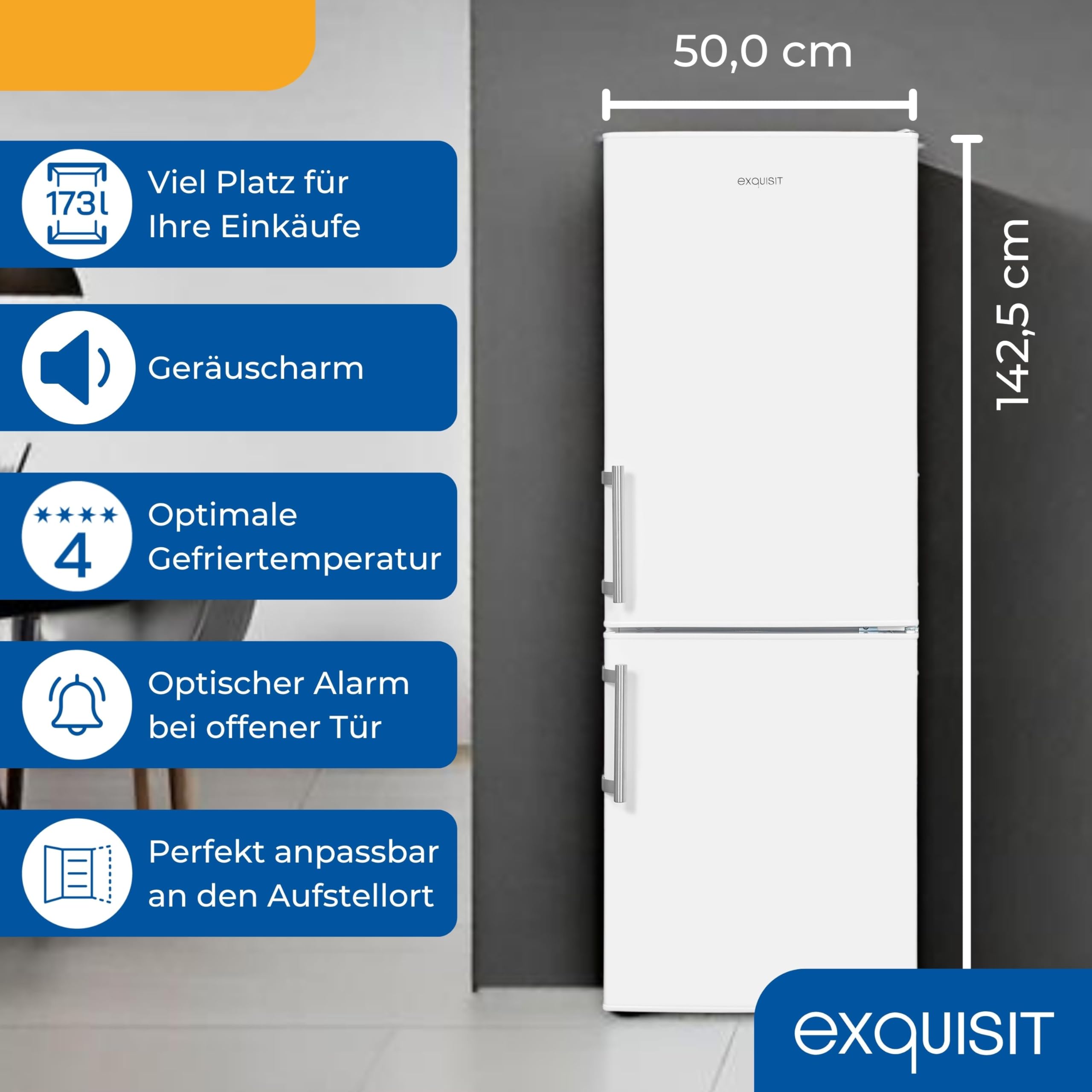 Exquisit KGC5233-60-HE-040D Kühl-Gefrierkombination - Kühlschrank Weiß | 50 cm Breite - 173 Liter - 4-Sterne-Gefrierfach - LED-Beleuchtung - Türalarm - Energieklasse D - 155 kWh/Jahr - Leise