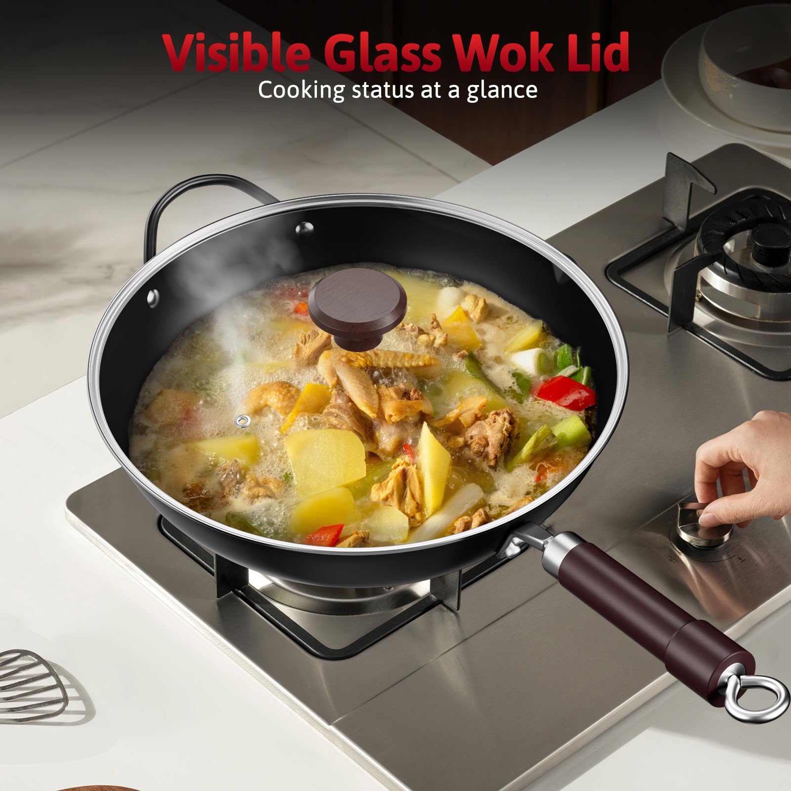 Jobin 32 cm/12,6'' Wok en Acier au Carbone Avec Couvercle, Poignées en Bois et Acier, Permet de Cuisiner des Plats Asiatiques Pour 3 à 5 Personnes - Fond Plat
