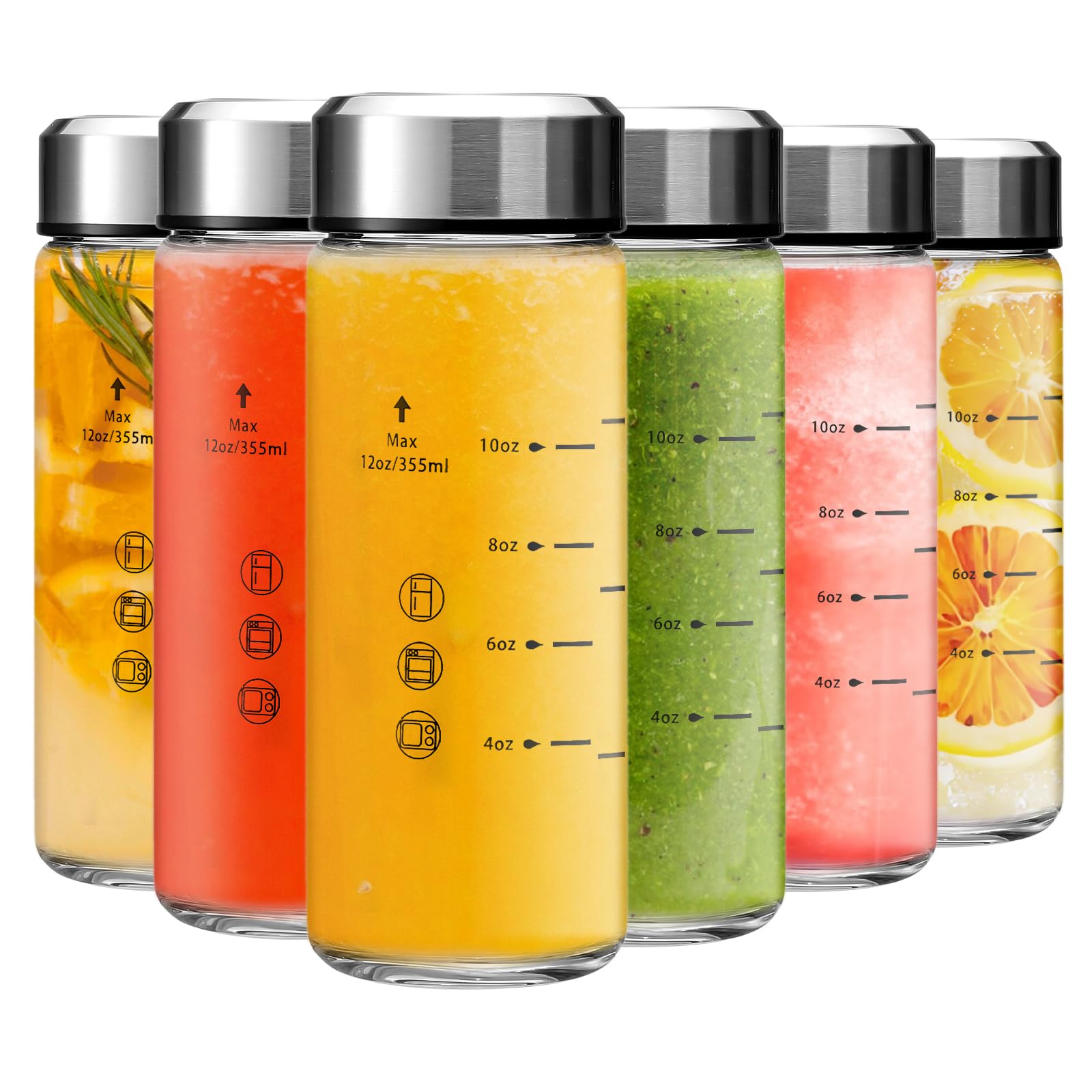 Szklane butelki na sok o pojemności 350 ml, 6 sztuk, szklane butelki z pokrywkami, bez BPA, pokrywki ze stali nierdzewnej do wyciskania soku, smoothie, podawanej wody, przechowywania napojów,