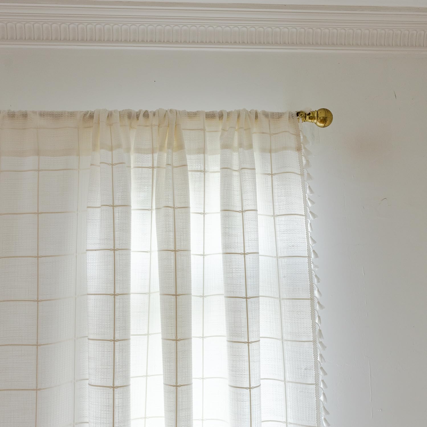 Tende in lino beige con nappe ricamate, stile country vintage, per camera da letto e soggiorno, 1 pezzo, 132 x 120 cm (larghezza x altezza)