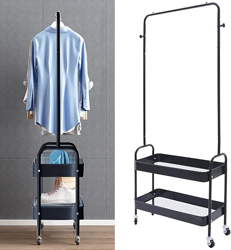 Miniatura 5 de Perchero portátil 2 en 1 con cesta de metal de 2 niveles con 4 ruedas, para pasillo, sala de estar, dormitorio, vestidor, lavandería (2 en 1 negro)
