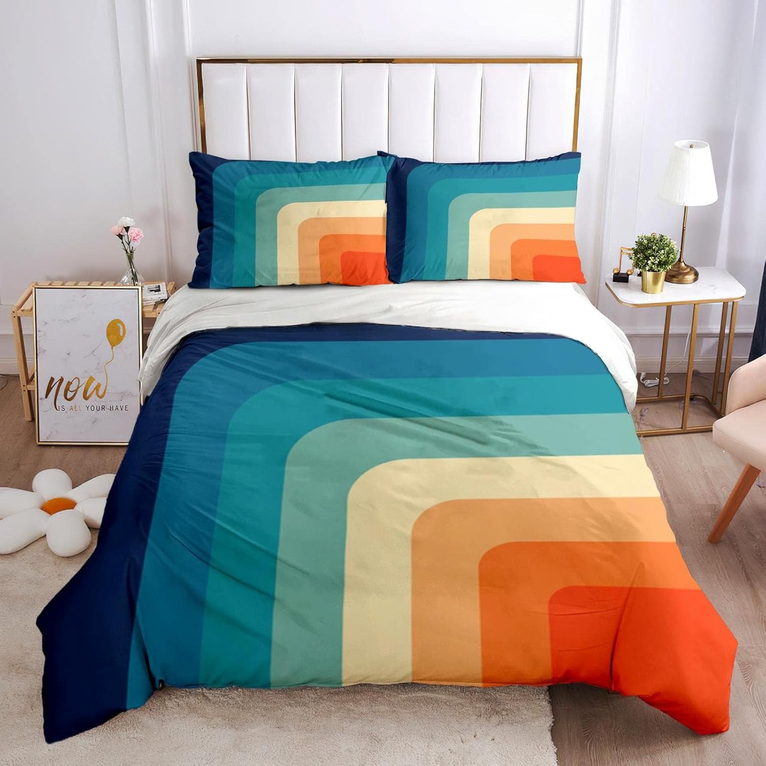 Duvet Cover Full Size, Retro Color Background Pattern 70s Bedding Set for Adults Bedroom Decor, Bohemia Rainbow Geometric Quilt Cover Set Comforter Cover with Pillow Shams (No Comforter)