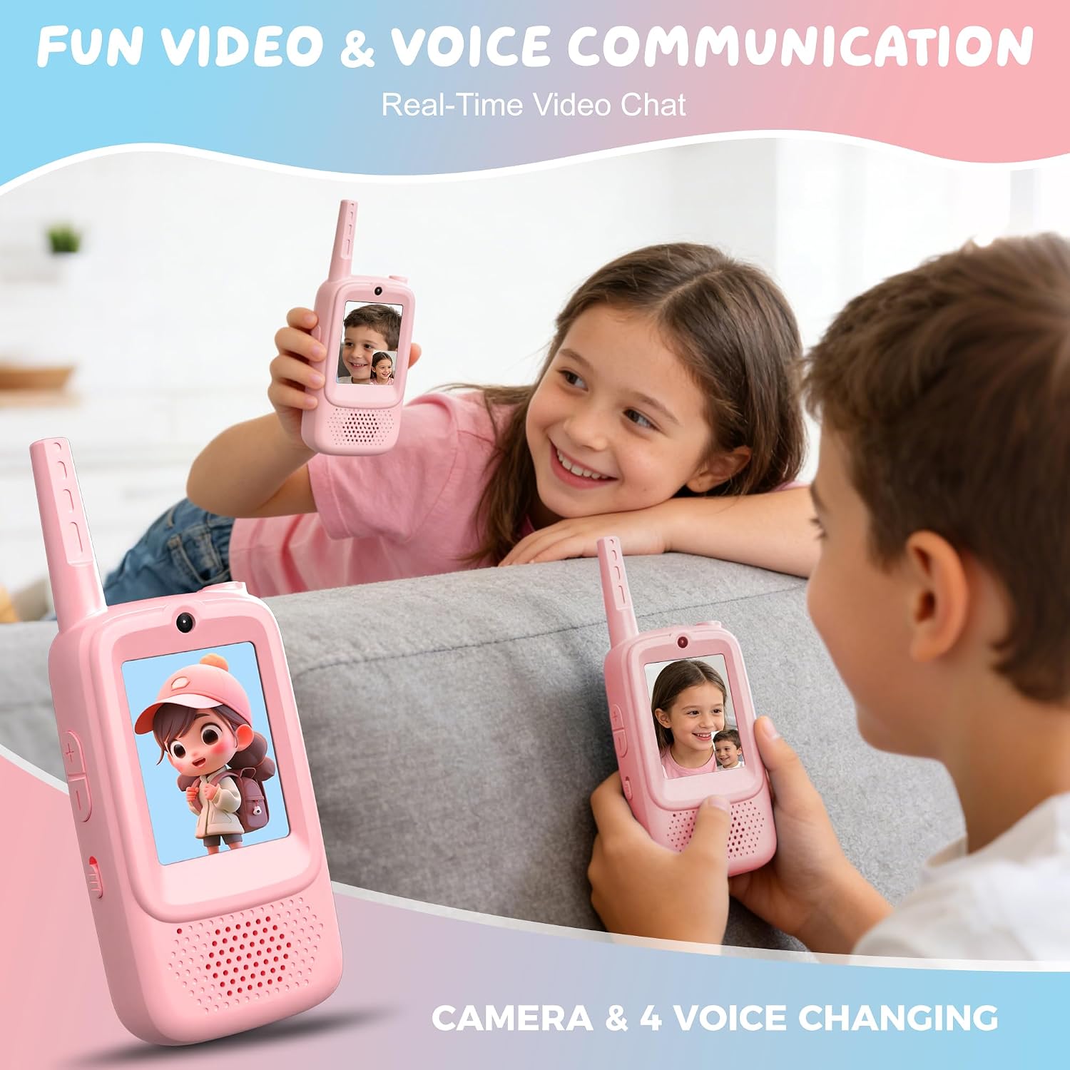Video Walkie Talkies for Kids, 2 Pack Rechargeable Walkie Talkie with Screen, Long Range 2 Way Radio with 4 Voice Effect, Christmas Birthday Gift for Age 3-12 Boy Girl Indoor/Outdoor