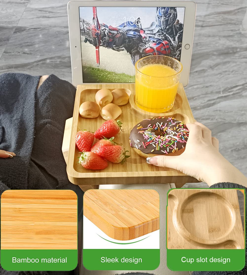 Foldable Bamboo Couch Tray With Cup Holder - Adjustable Armrest Table For Snacks, Drinks, Remote