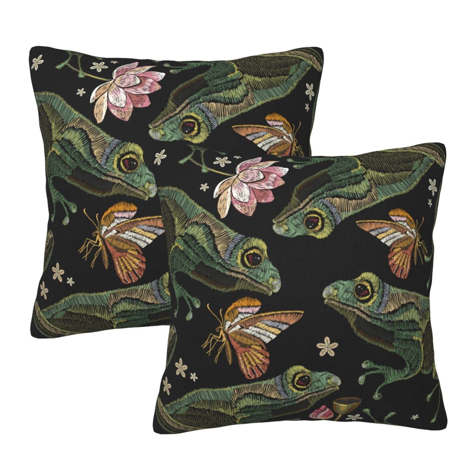 Duduho Vintage Frogs Lotus Flowers and Butterfly Throw Pillow Cover Set of 2 Decorative Square Pillowcase Throw Cushion Case for Bedroom, Living Room,