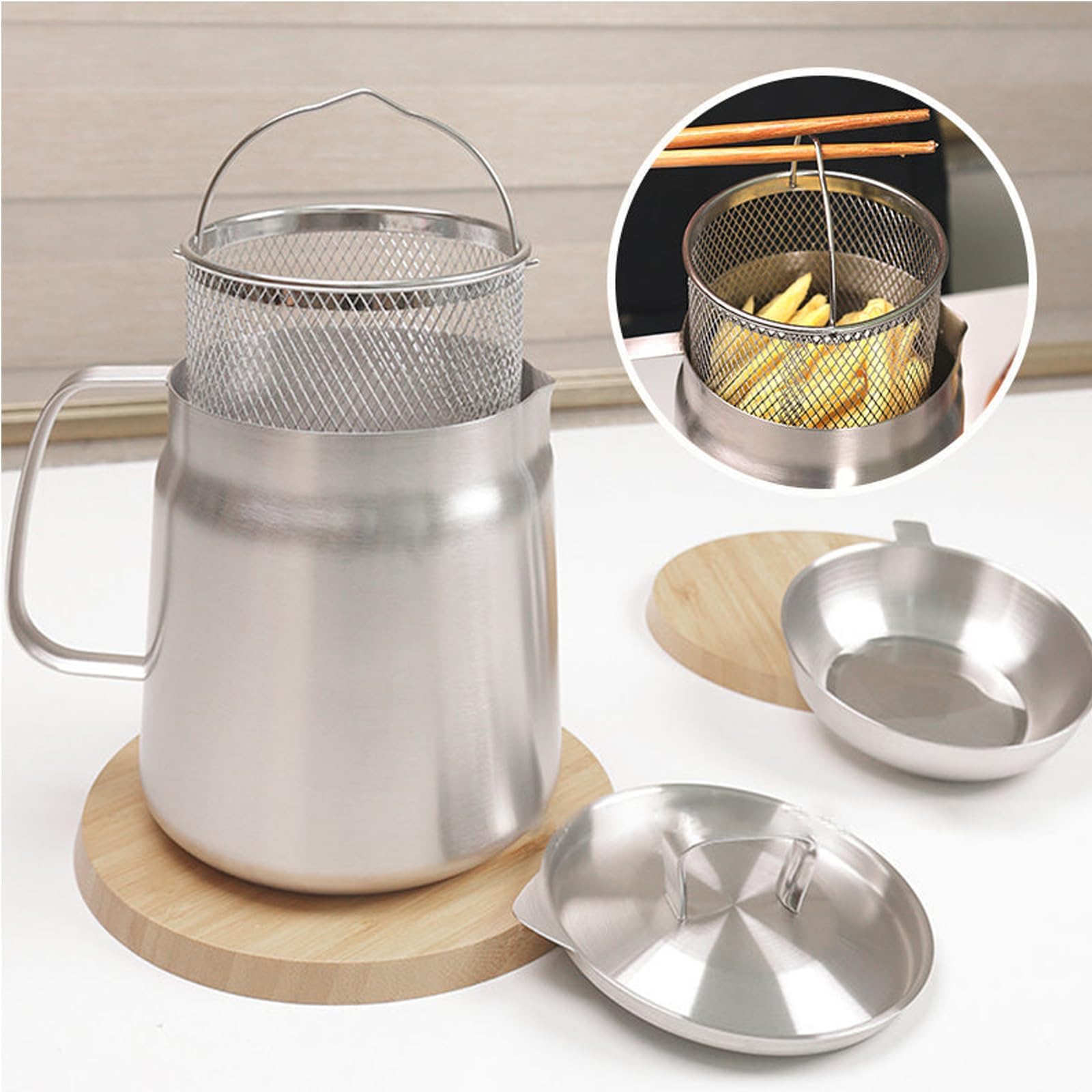 Recipiente de filtro de aceite versátil de acero inoxidable 304 de gran capacidad, olla de filtro de aceite de acero inoxidable, mini freidora de aceite de cocina y taza de filtro, tanque de red