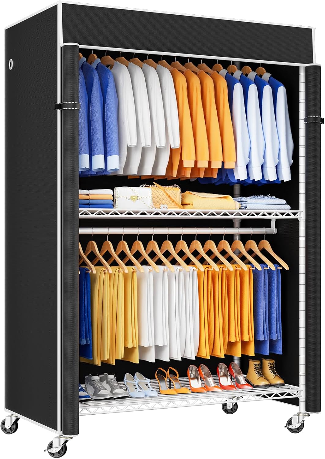 P8C Heavy Duty Clothes Rack(With Extended Width Design) Rolling Clothing Racks for Hanging Clothes with Lockable Wheels,51.2"W x 15.8"D x 80.5"H,Max Load 700LBS,White Rack with Black Cover
