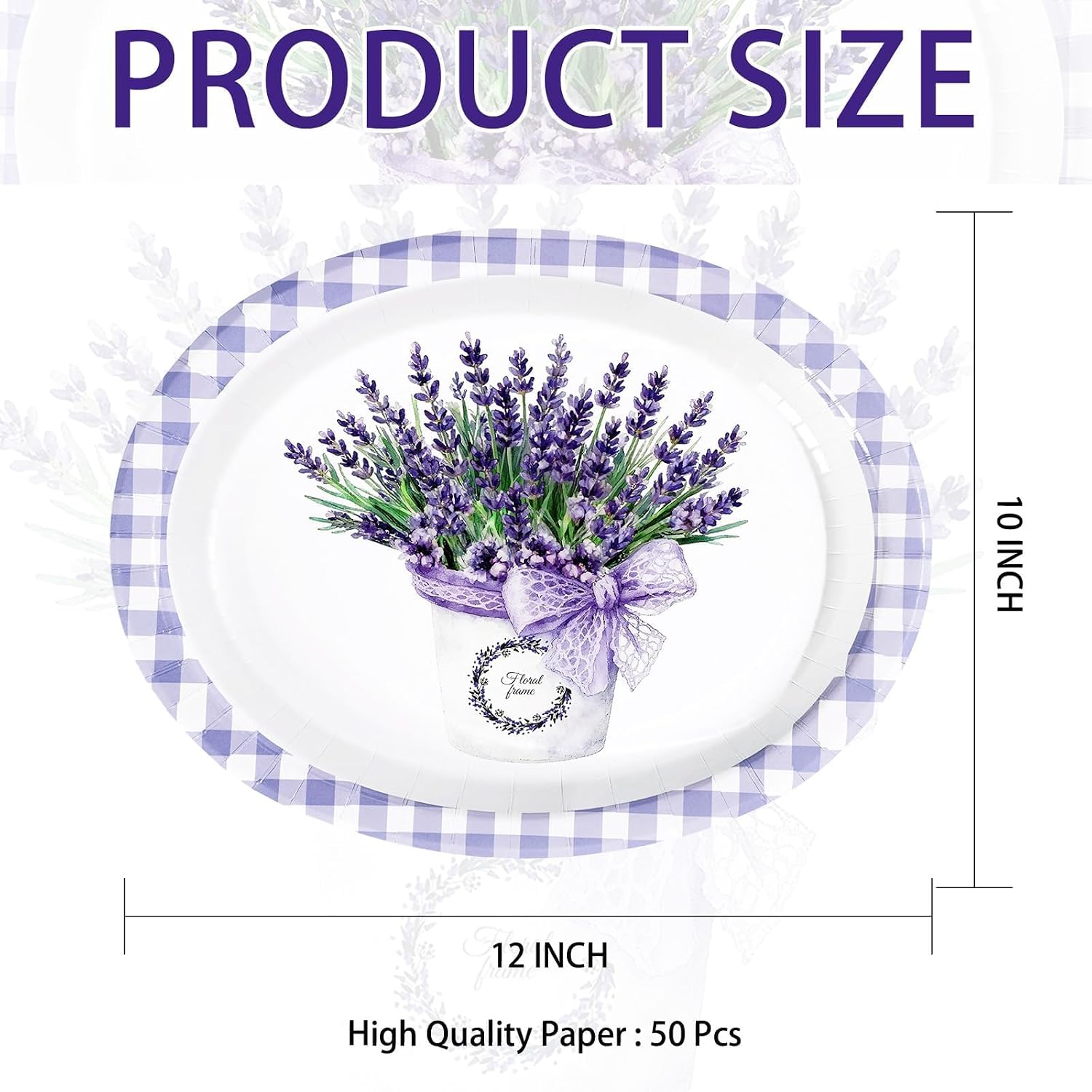 50 Pcs Purple Lavender Gingham Oval Paper Plates 10" x 12" Large Disposable Spring Purple Lavender Floral Heavy Duty Paper Platters Lavenders Theme Plates for Wedding Baby Shower Party Supplies