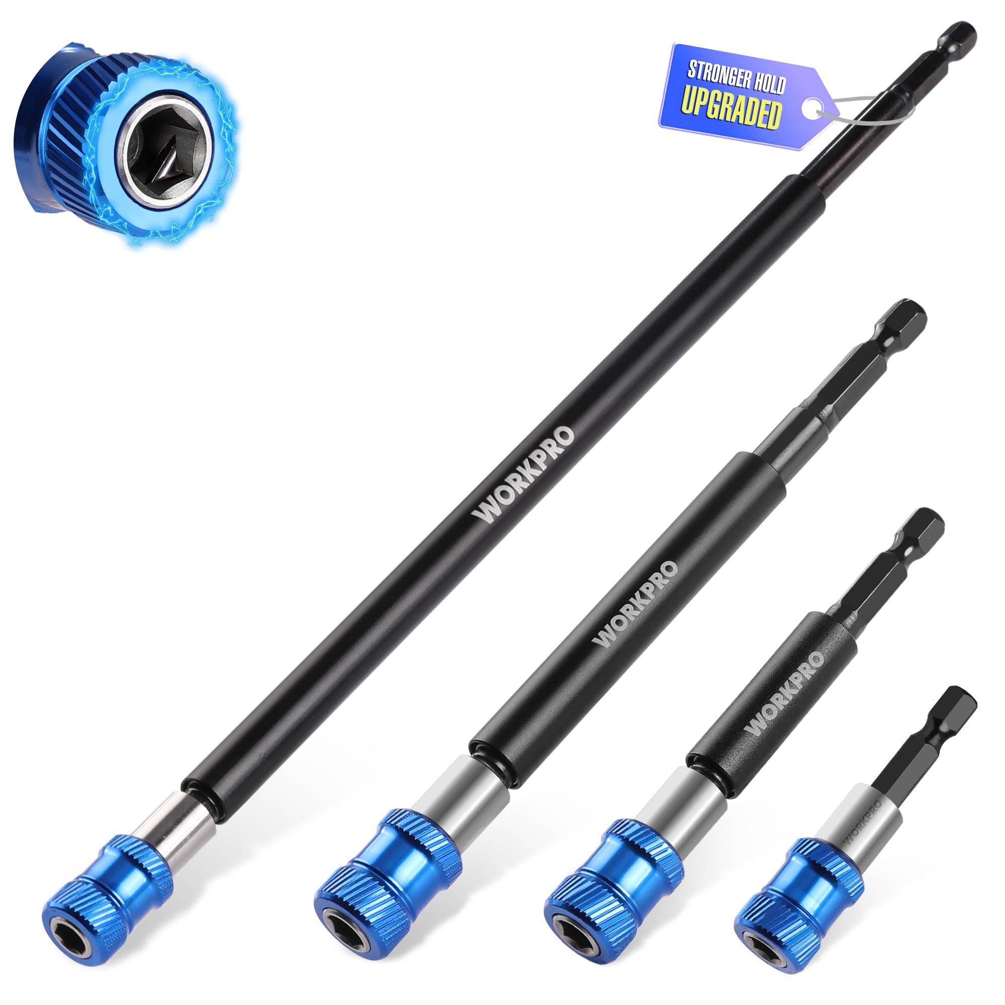 WORKPRO Drill Bit Extension Set, 4Pcs Magnetic Drill Screwdriver Bit Holder Extender with Aluminum Sleeve, 1/4 Inch Hex Quick Release Bit Holder for Drill in 2-3/8",4",6",12''