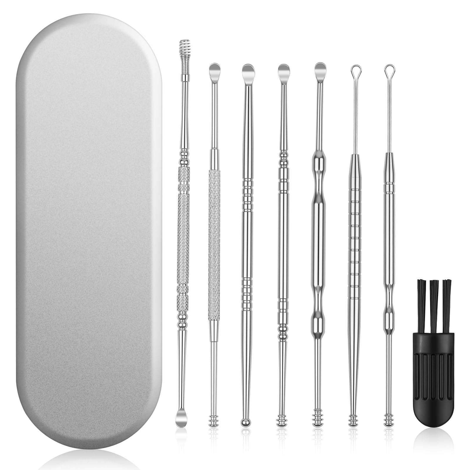 Kit Pulizia Orecchio, 8 Pezzi Strumenti per Pulizia dell’Orecchio in Acciaio Inox, con Scatola Portaoggetti, Detergente per Orecchie Igienico Riutilizzabile per Adulti e Bambini- Argento